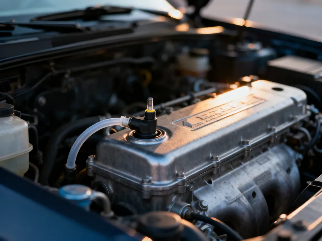Zbliżenie na komorę silnika Audi A4 B6 z widocznym miejscem montażu czujnika temperatury płynu chłodzącego.