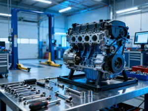 Mechanik w rękawiczkach trzyma nowy filtr oleju przy otwartym silniku samochodu podczas wymiany eksploatacyjnej.