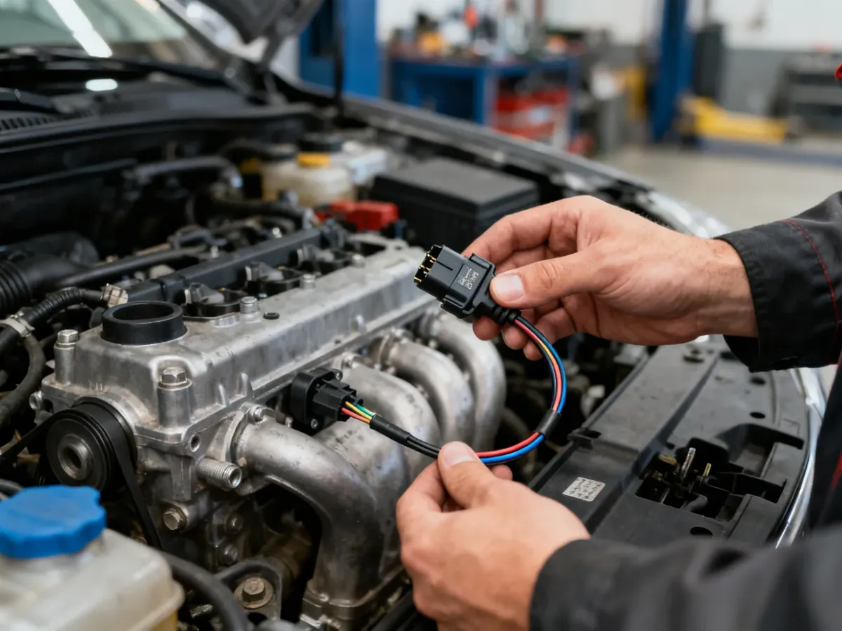 Mechanik oglądający czujnik położenia wału korbowego przy silniku